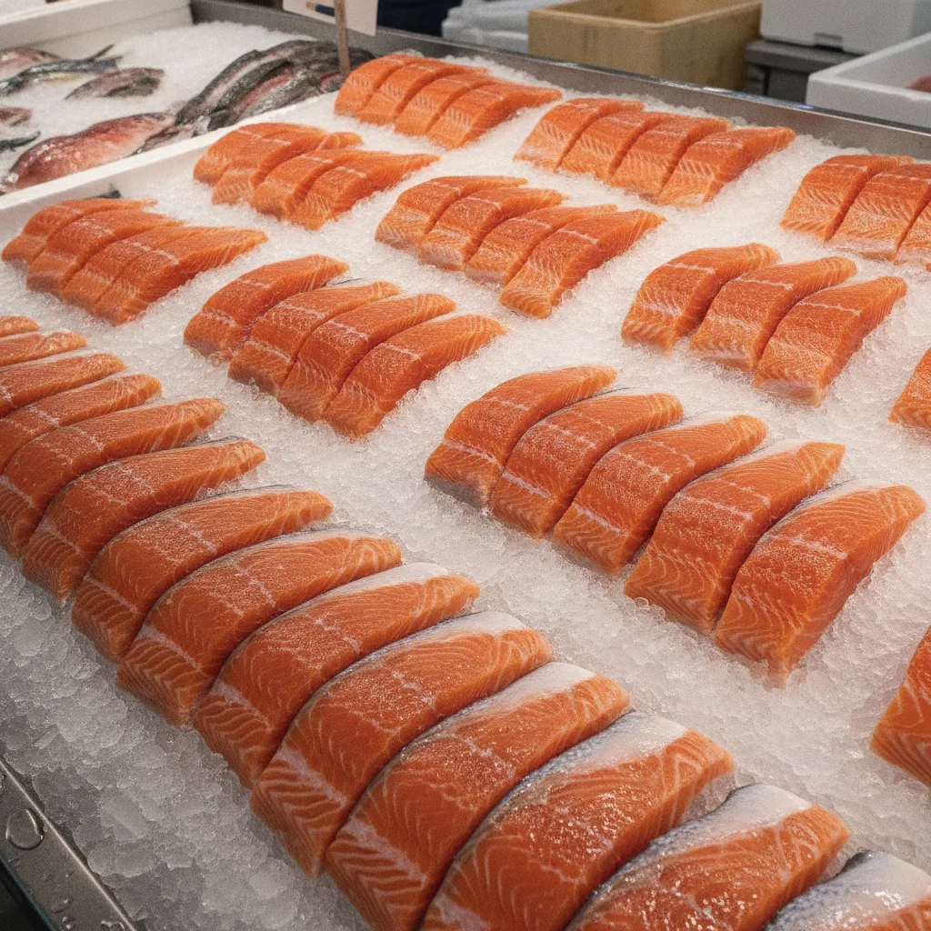Wild salmon fillets on ice